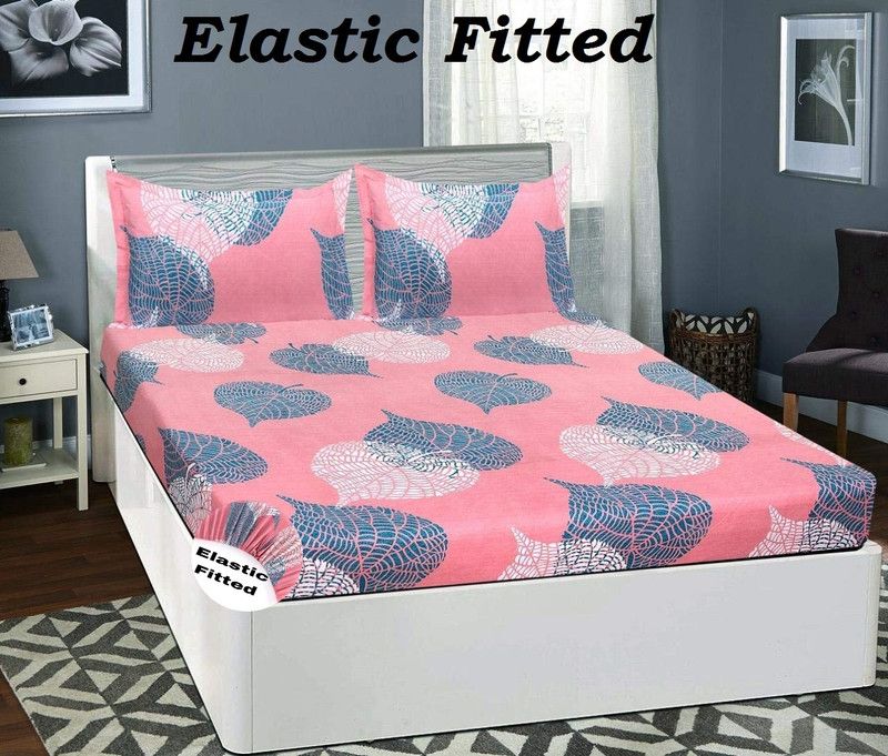 HOMYBEES 300 TC Cotton Double Abstract Fitted (Elastic) Bedsheet  (Pack of 1, Pink, White, Green)