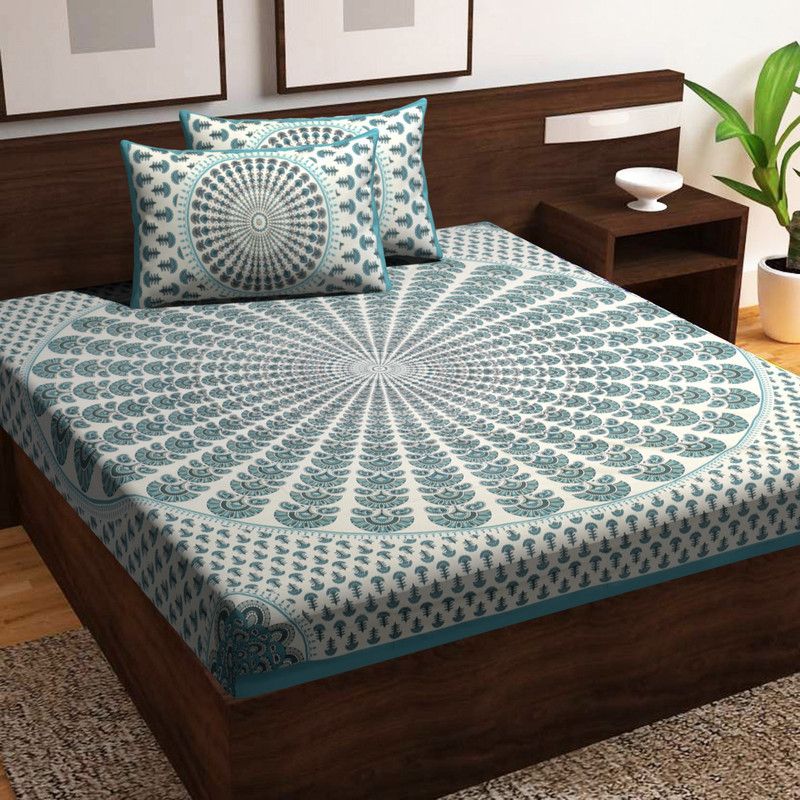 shree sd creation 170 TC Cotton Double Jaipuri Prints Flat Bedsheet  (Pack of 1, teal)