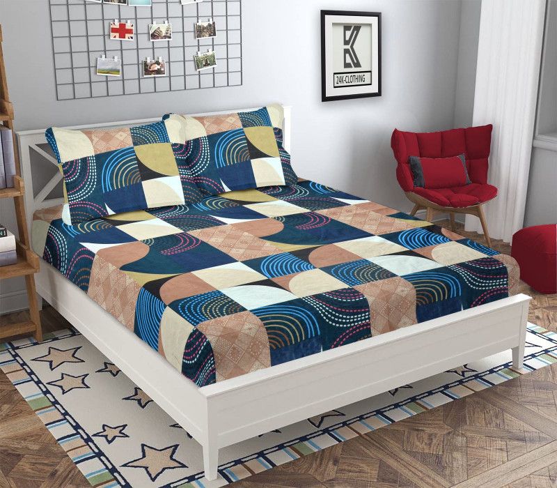 Siddhivinayak Home Decor 210 TC Polycotton Double Geometric Fitted (Elastic) Bedsheet  (Pack of 1, Blue)