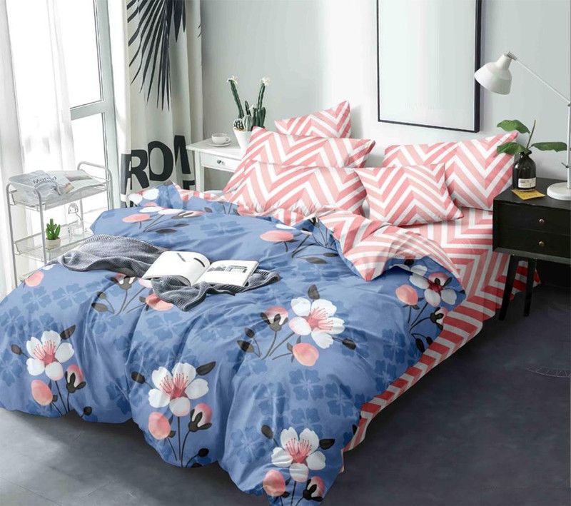 160 TC Cotton Double 3D Printed Bedsheet  (Pack of 1, Blue)