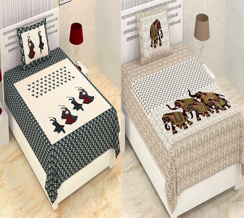 Shopoj 144 TC Cotton Single Jaipuri Prints Flat Bedsheet  (Pack of 2, Multicolor)