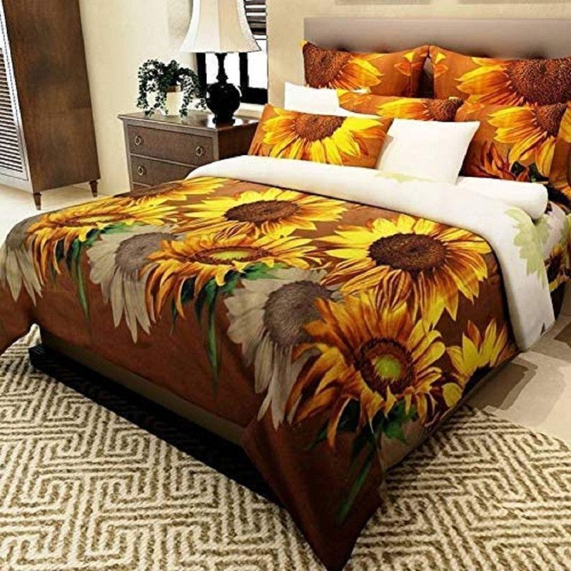 VHD 150 TC Polycotton Double Floral Flat Bedsheet  (Pack of 1, Yellow, Brown)