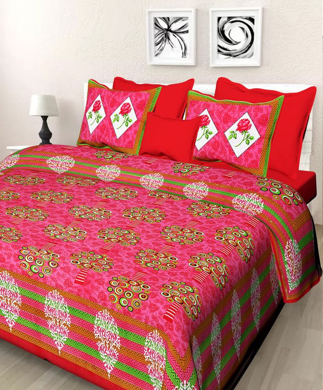 E-Wish Box 160 TC Cotton Queen Jaipuri Prints Flat Bedsheet  (Pack of 1, Red)