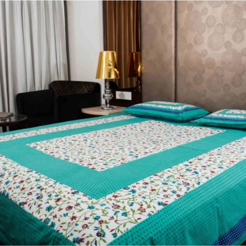 BEDTOWN 104 TC Cotton Double Floral Flat Bedsheet  (Pack of 1, Green, White)
