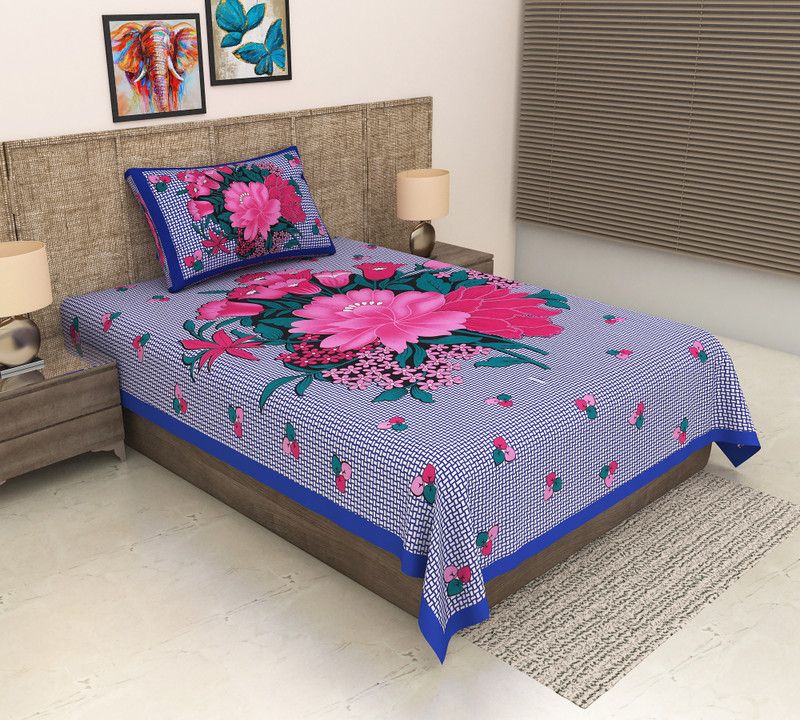 METRO LIVING 104 TC Cotton Single Printed Flat Bedsheet  (Pack of 1, Blue)