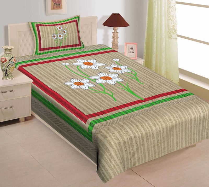 Monik Handicrafts 104 TC Cotton Single Floral Flat Bedsheet  (Pack of 1, Olive Green)