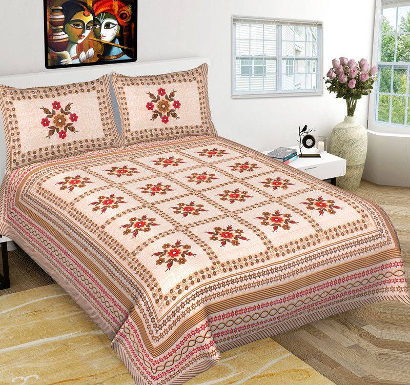 219 TC Cotton Double Printed Bedsheet  (Pack of 1, BROWN)