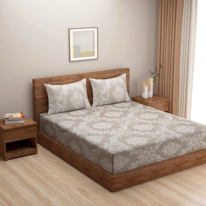 SWAYAM 200 TC Cotton Double Floral Fitted (Elastic) Bedsheet  (Pack of 1, Brown,White)