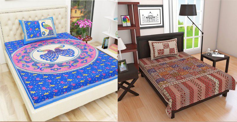 Yuvi Impex Jaipur 144 TC Cotton Single Jaipuri Prints Flat Bedsheet  (Pack of 2, Multicolor)