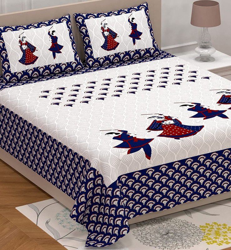 FSG 210 TC Cotton Double Printed Flat Bedsheet  (Pack of 1, Blue)