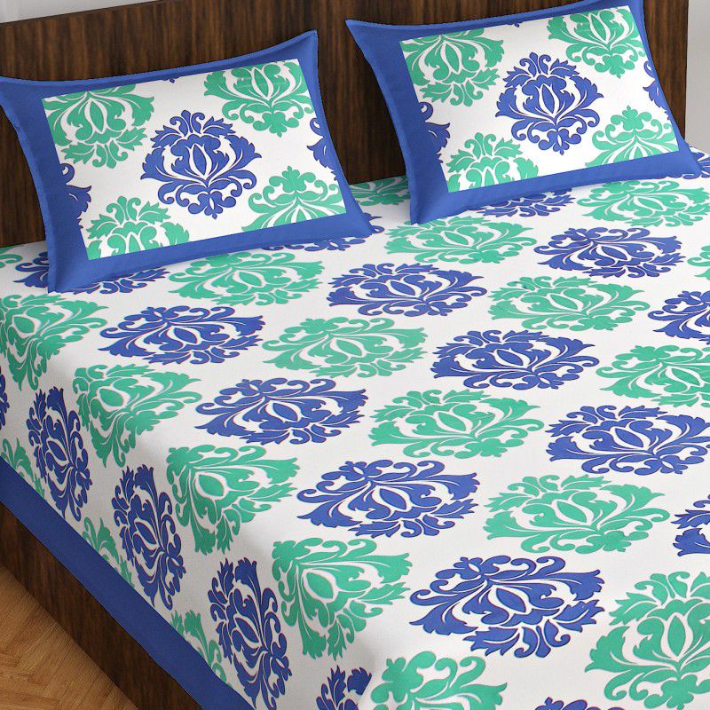E ELMA 144 TC Cotton Double Printed Flat Bedsheet  (Pack of 1, Blue)