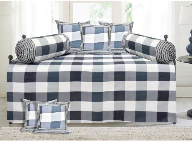 SHIVARIKA Cotton Checkered Diwan Set  (Grey, Blue)