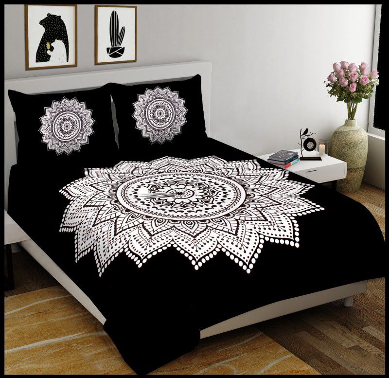 CRAFTART Cotton King Bed Cover  (Black, White)
