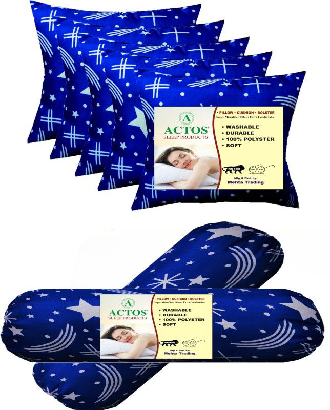 ACTOS Star print Combo Set Of 5 Cushion And 2 bolster Microfibre Nature Bolster Pack of 7  (Blue)