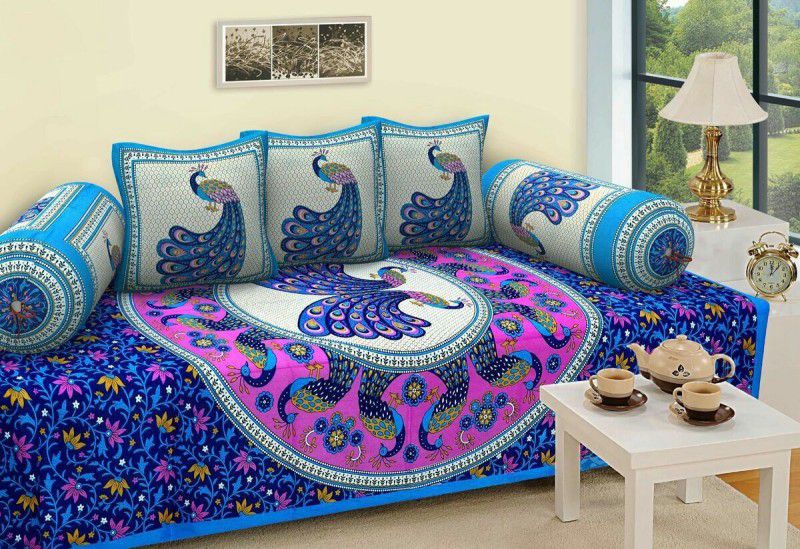 METRO LIVING Cotton Animal Diwan Set  (Set Of 3 Cushion Cover with 2 Boolster Cover and 1 Single Bed Sheet., Blue)