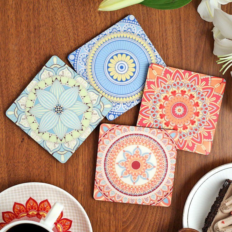 Floweraura Square Reversible Ceramic Coaster Set  (Pack of 4)