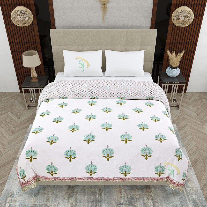 LushHavenDecor 380 GSM Jaipuri Hand Block Printed Pure Cotton Double Bed Quilt Razai Green Wool Batting  (220 cm x 267 cm)