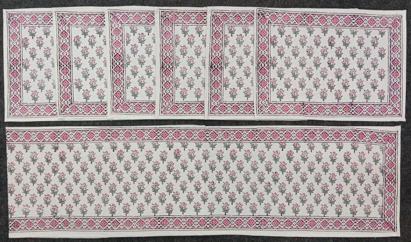 Pink, White Linen Table Linen Set  (Pack of 7)