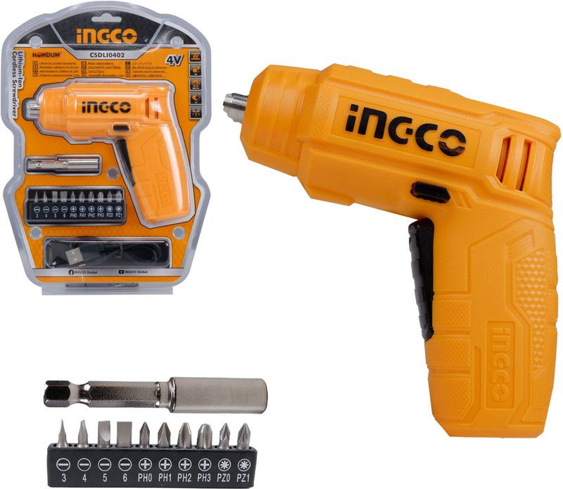 Homdum cordless drill screwdriver ingco rechargeable and screw driver kit with LED Light and 11 pc accessories 4V Lithium-Ion 6.35mm Pistol Grip Drill  (6.35 mm Chuck Size)