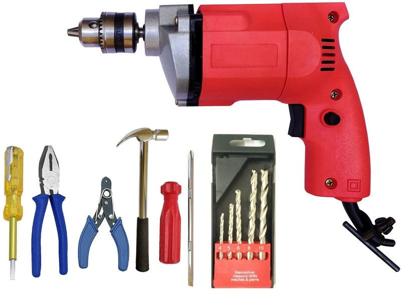 Qualigen Heavy Duty 10mm Drill machine with 5pc masonry Screw driver Hand hammer tester wire cutter and Plier set Power & Hand Tool Kit  (7 Tools)