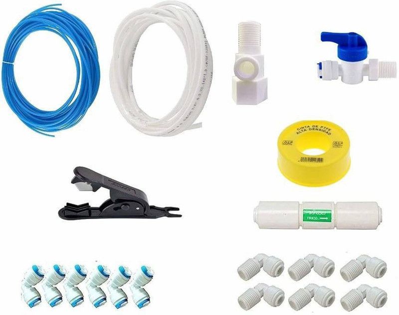 Aqua lite Ro Inlet Valve Set and Mix Elbow Kit of Connector, Flow Restrictor, 5 Meter Blue and 5 Meter White Pipes, Pipe Cutter Solid Filter Cartridge  (0.9, Pack of 9)