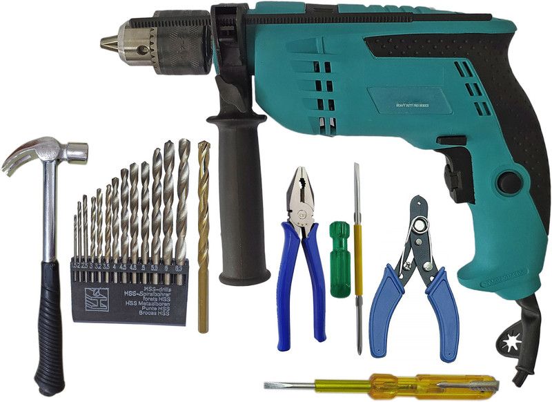 DUMDAAR 6Month Warranty 900W 13mm Reversible drill machine with Claw hammer,13pc HSS, 1pc Masonry, Plier,2in1 Screwdriver, wire cutter and Electric Tester (Pack of 8) Rotary Hammer Drill  (13 mm Chuck Size, 900 W)