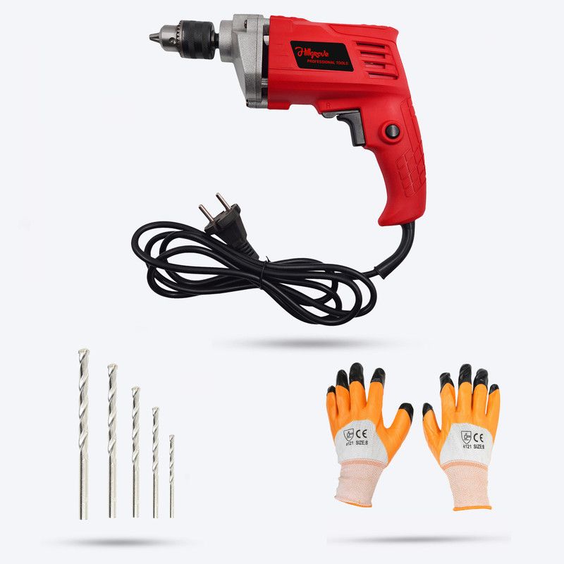 Hillgrove HGCM39M1 500W Drill Machine with Gloves,5 Drill Bits HGCM40M1 for Hole in Metal/Wood/Concrete with Reverse Rotaion and Variable Speed Pistol Grip Drill  (10 mm Chuck Size)