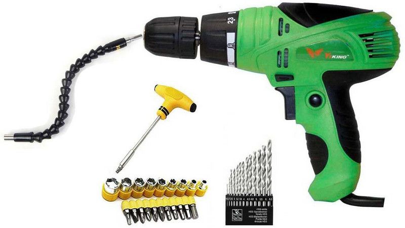 ISC 10mm Key Less Chuck Yiking Electric Screw Driver Cum Drill Machine With Multi functional Flexible Shaft Drill Bit Holder + T-Bar Screwdriver set + 13Pcs Hss Drill Bit Set Pistol Grip Drill  (10 mm Chuck Size)