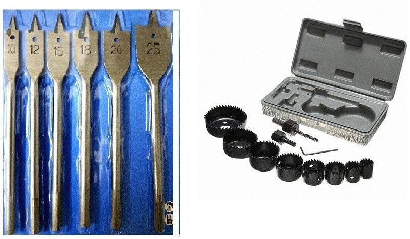 Qualigen 6 Pcs wood Cutting Rotary Bit Set for Cutting Smooth Clean accurate holes Hole Saw Cutter for Cutting Round Wood, Plastic Working Hand Tool Kit and 6 pc Power bit set combo set Rotary Bit Set  (17 Bits)