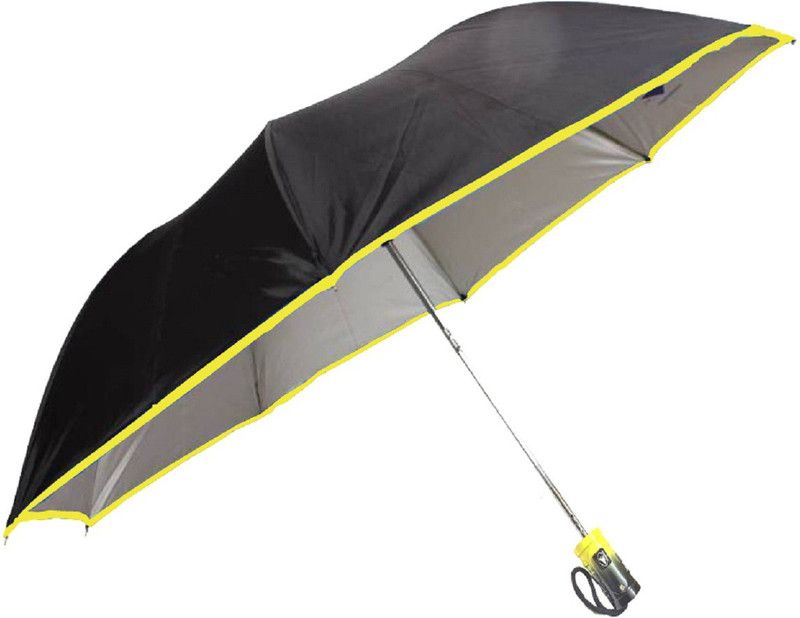 HappeStop - Black Color Foldable - Auto Open - Yellow Piping/Hemming - Silver Inside - Tank - 38 Inches wide in Diameter Umbrella  (Black, Yellow, Silver)