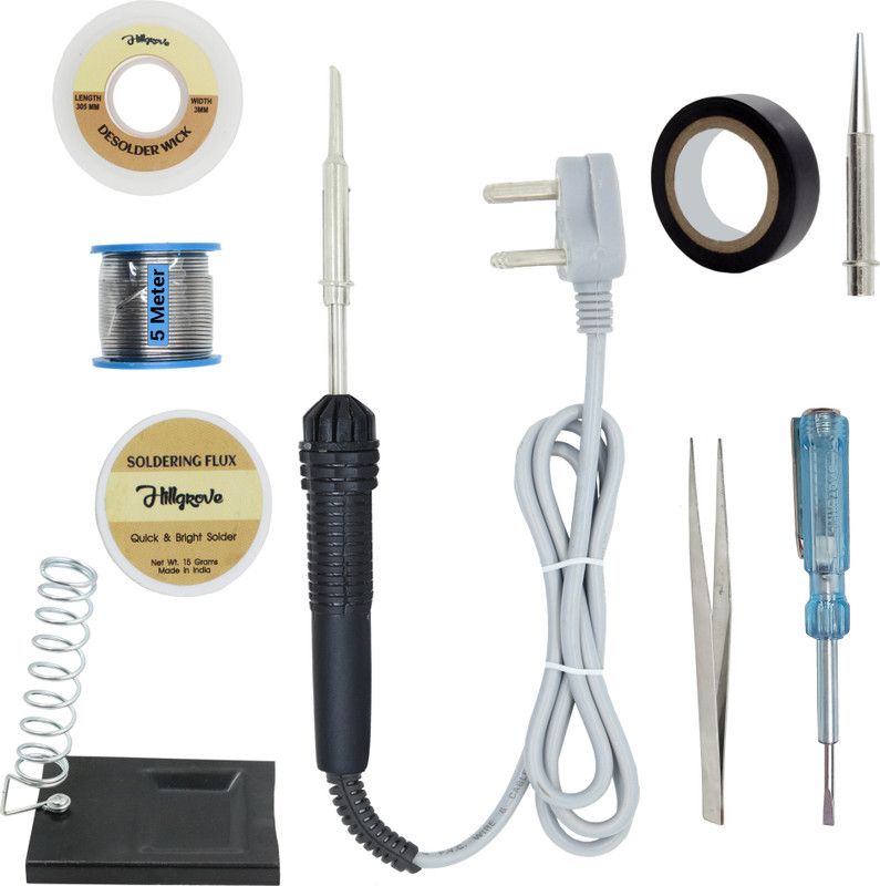 Hillgrove 9in1 Beginners Complete 30W Soldering Iron Kit with 5 Meter Solder Wire, Stand, Flux, Bit, Tape, Tester, Tweezer, Wick 30 W Simple  (Flat, Pointed Tip)