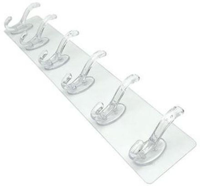 truenook Adhesive Wall Hooks Sticky Heavy Duty Utility Hook Transparent Reusable Wall Hangers 10KGS/22lb Bathroom Bedroom Dorm Keys Bag Towels - 6 Hook Strip Hook (Pack of 1) Hook 6  (Pack of 1)