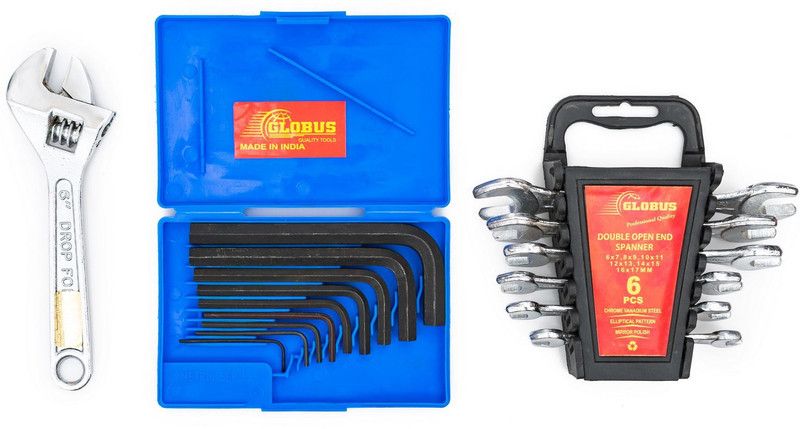 Globus 898..ALLEN KEY SET/9 PCS, ADJUSTABLE WRENCH CHROME 6" AND DOUBLE OPEN END SPANNER SET/6 PCS IN RAKE Hand Tool Kit  (3 Tools)