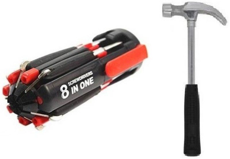 vyas Straight Best Claw Hammer Repair Hand Woodworking Tool Curved Claw Hammer And 8 In one LED Portable Torch Combination Screwdriver Set Hand Tool Kit  (9 Tools)