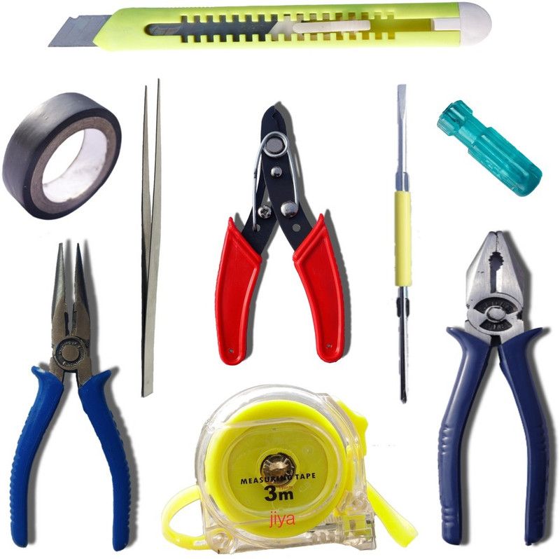 Jiya S660 TOOLS -PILER I MEASUREMENT TAPE 3M I 2 CUTTER I SCREWDRIVER I TAPE ETC. Hand Tool Kit  (8 Tools)