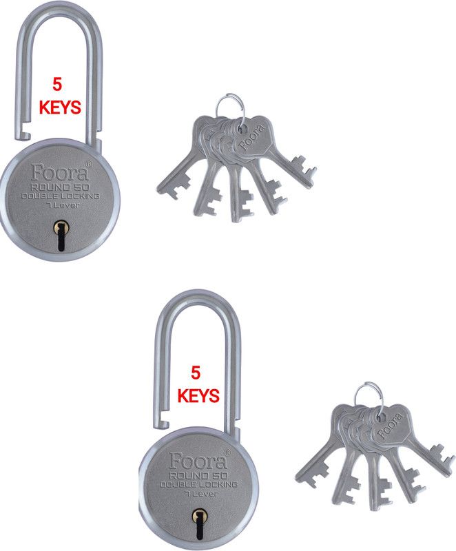 Round 50 LS with 5 Keys, Extra Long Shackle, Double Locking, 7 Lever ( PK-2 ) U Lock  (Silver)