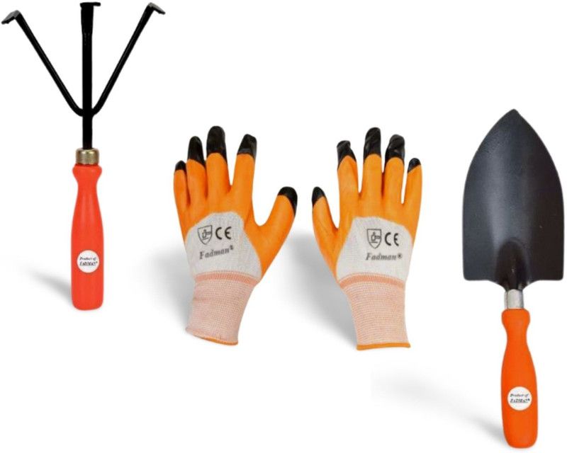 FADMAN HAND TOOL FOR HOME QUALITY GARDENING | CULTIVATOR | BIG TROWEL | GLOVES | Garden Tool Kit  (3 Tools)