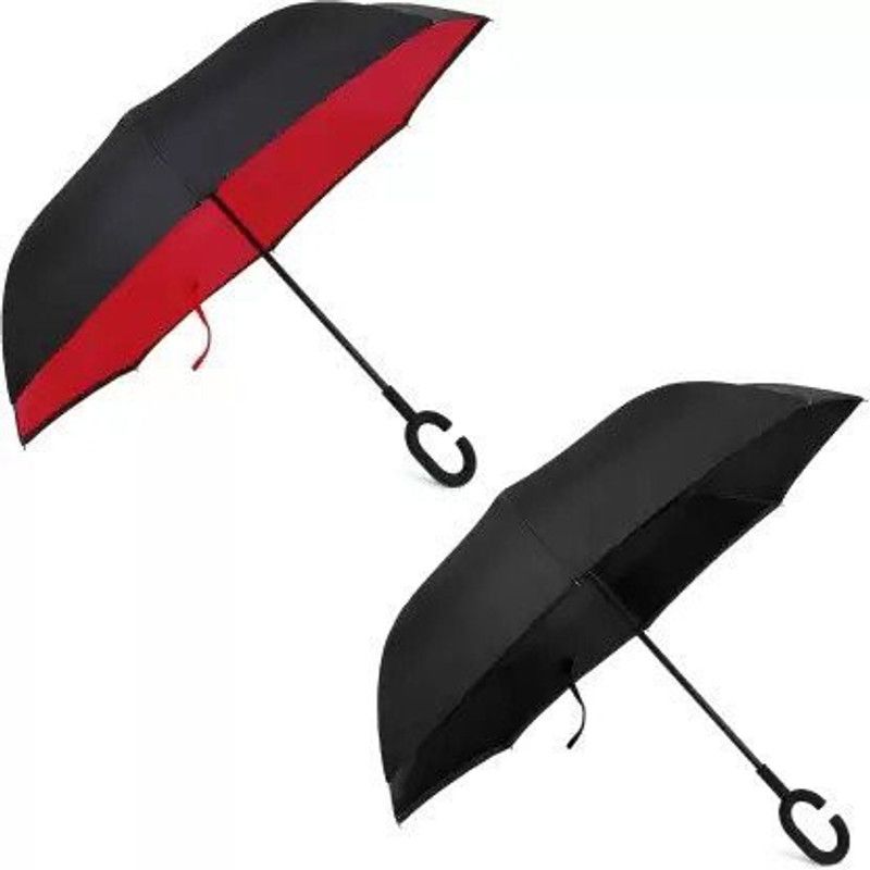 PAGALY Double Layer Inside-Out Inverted Umbrella and Self Standing, Reverse Folding Umbrella with C-shaped Hands Free Handle, best for Travelling Umbrella Umbrella Umbrella Umbrella  (Red, Black)