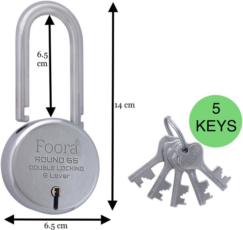 Foora Round 65 LS with 5 Keys, Extra Long Shackle, Double Locking Multipurpose U Lock  (Silver)