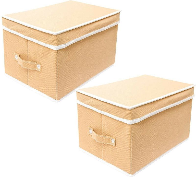 JWorld Foldable Box to Store Clothes, kid's toys &Books with Top Lid(Beige,2pcs) Storage Box  (Beige, White)