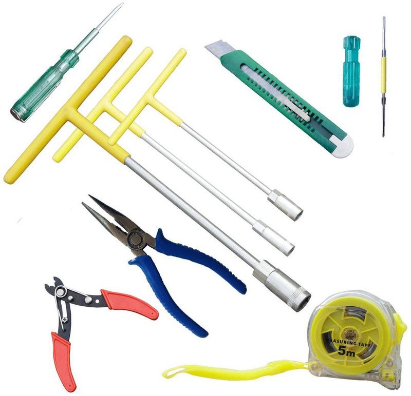 Jiya 0140 -T SPANNER 8,10,12MM I MASUREMENT TAPE 5M I 2 CUTTER I PILER I ETC. Socket Set  (Pack of 9)