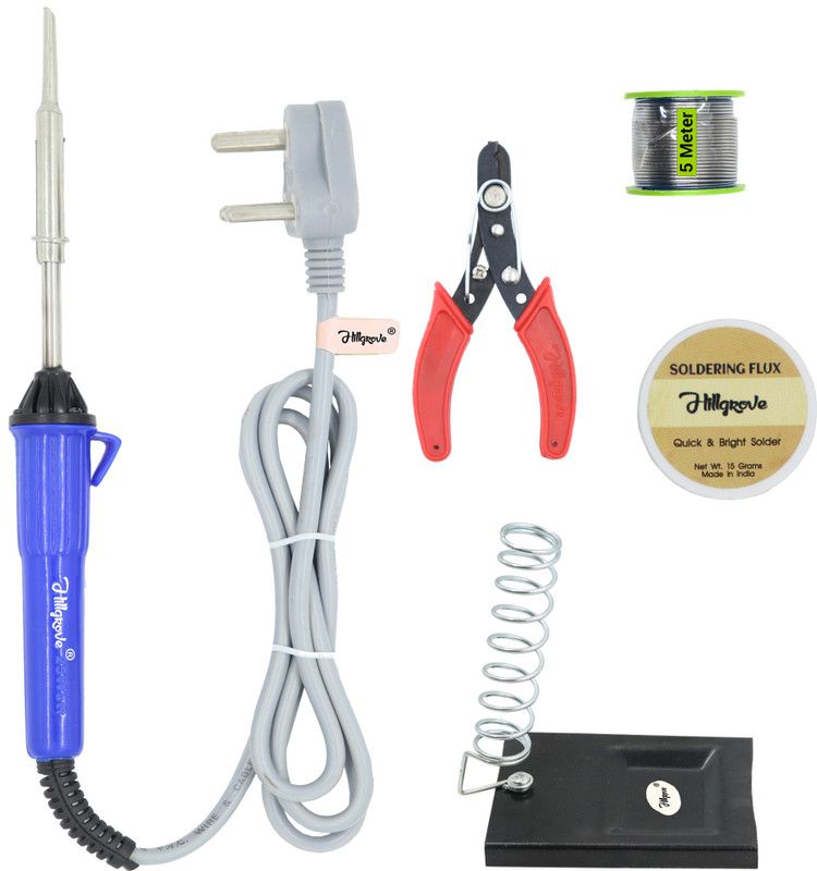 Hillgrove 5in1 25W Soldering Iron Kit | 5 Meter Soldering Wire | Soldering Flux | Stand | Wire Cutter 25 W Simple  (Flat Tip)