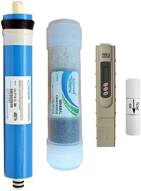 Aquawell 80GPD Vontron Geniune Membrane with Mineral Cartridge, TDS Meter & FR Solid Filter Cartridge  (0.005, Pack of 4)