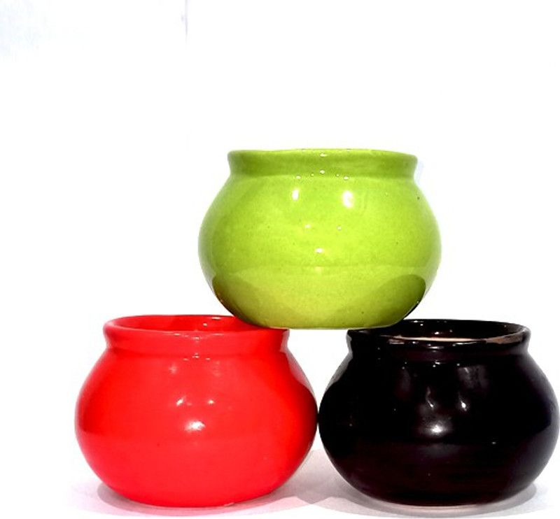 vincacraft 3inch Round Ceramic Pot Handi - Pack Of 3 Garden Gnome  (Height: 8 cm)