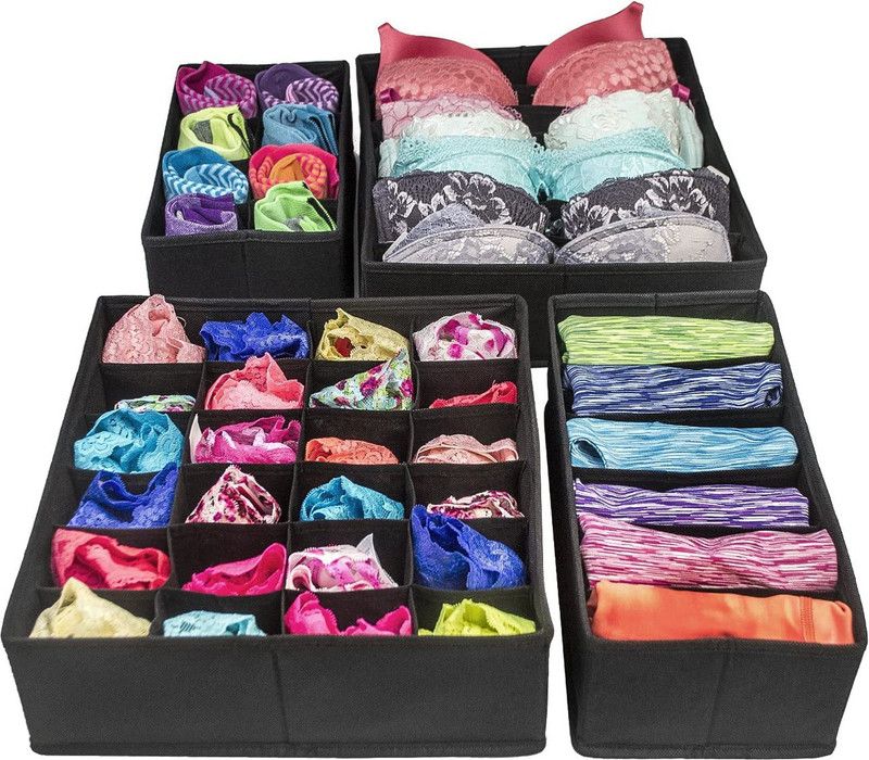 IndiRocks Set of 4 Foldable Drawer Organizer for Clothes and Undergarments Organiser-Black Drawer Divider  (Fabric)