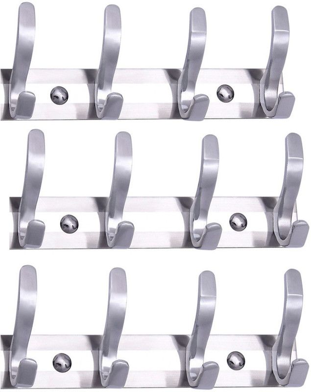 Sureify Stainless Steel And Aluminium Alloys Fescue Wall Hook 4 Legs Cloth Hanger Bathroom Wall Door Hooks For Hanging keys,Clothes,towel,Holder, Steel Hooks Silver Hook Rail 4  (Pack of 3)