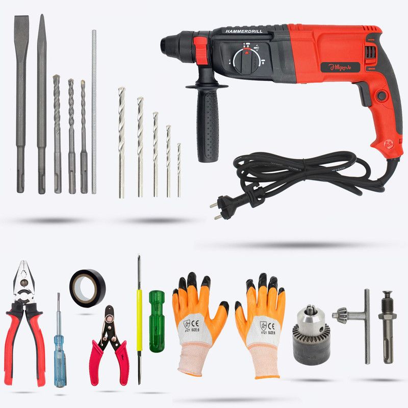 Hillgrove HGCM32M3 26mm Hammer Impact Drill Machine Forward/Reverse Rotation with 5Pc Hand Kit,Drill Chunk(13mm),SDS Adapter,5Pcs SDS Plus,5Pcs Masonry Drill Bit HGCM32M3 Pistol Grip Drill  (26 mm Chuck Size)