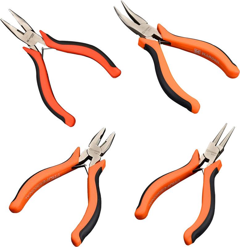 Harden 4.5" Professional Mini Long Nose, Bent Nose, Diagonal Cutting, Round Nose Pliers - Made of CRV Steel, Non-Slip Handle - (Set of 4) Round Nose Plier  (Length : 4.5 inch)