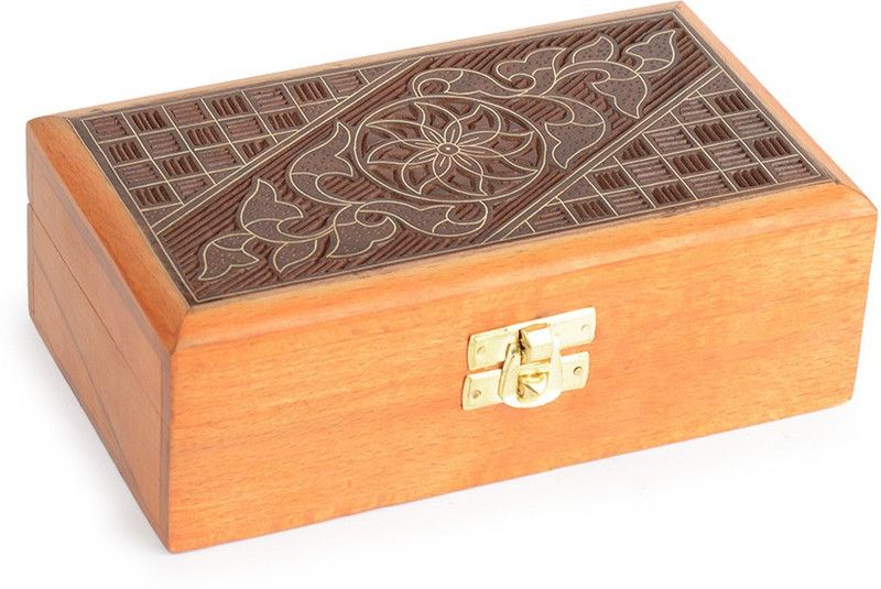 StyleMyWay Handcarved Wooden Handmade Decorative Jewellery and Keepsake Orange Storage Box with Inlay Work -7in X 4in Cash Box  (1 Compartments)
