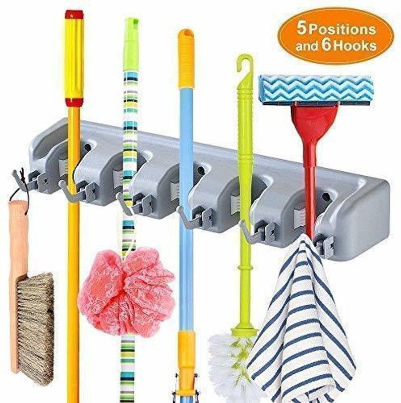 AMEEDARSHAN magic holder 5-stick broom & mop organizer white Grey Plastic Broom Holder Hook Rail 5  (Pack of 1)